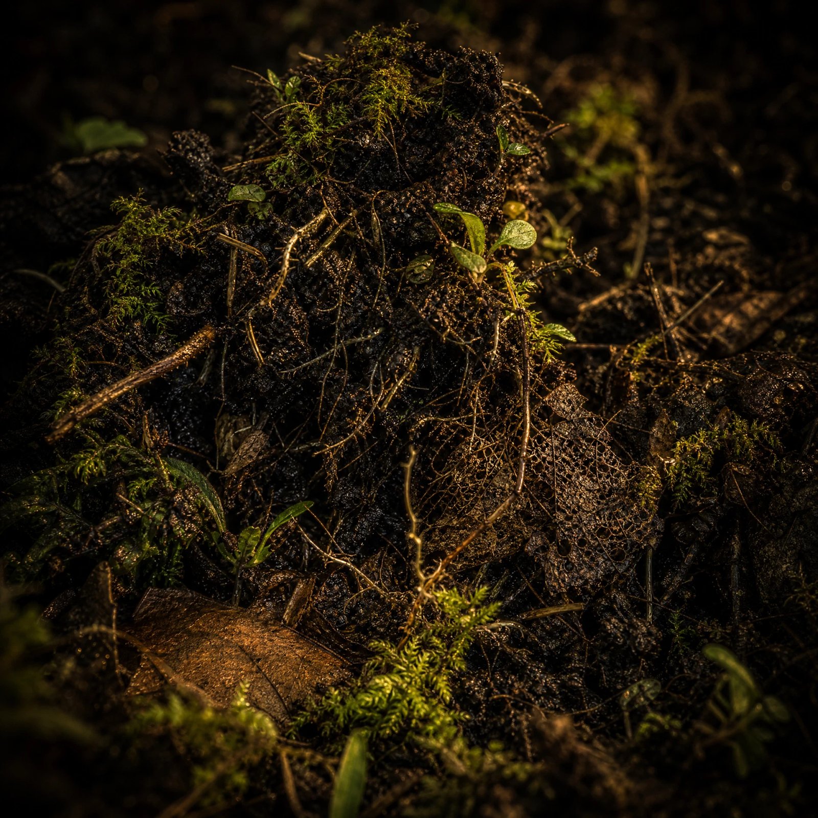 Living forest soil with roots, moss, and tiny shoots